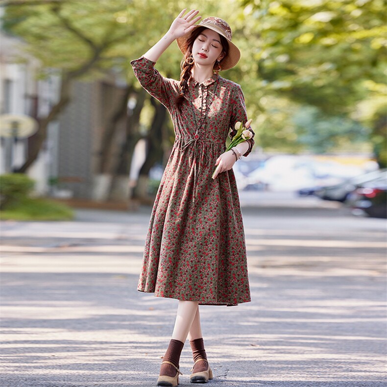连衣裙女春秋款2025年新款收腰气质减龄中年妈妈全棉长袖碎花裙子,商品下架区,水衣源
