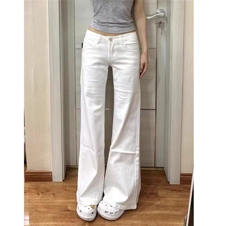 简约白色微喇低腰牛仔裤女春秋季新款高腰韩版ins休闲百搭拖地裤,女装牛仔裤,星座506A