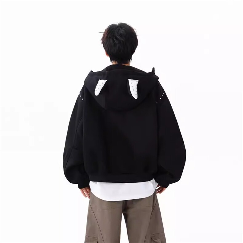 1506/QW290/P53秋冬季美式兔耳连帽潮牌灰色加厚设计感情侣外套,女装短外套,星座1506
