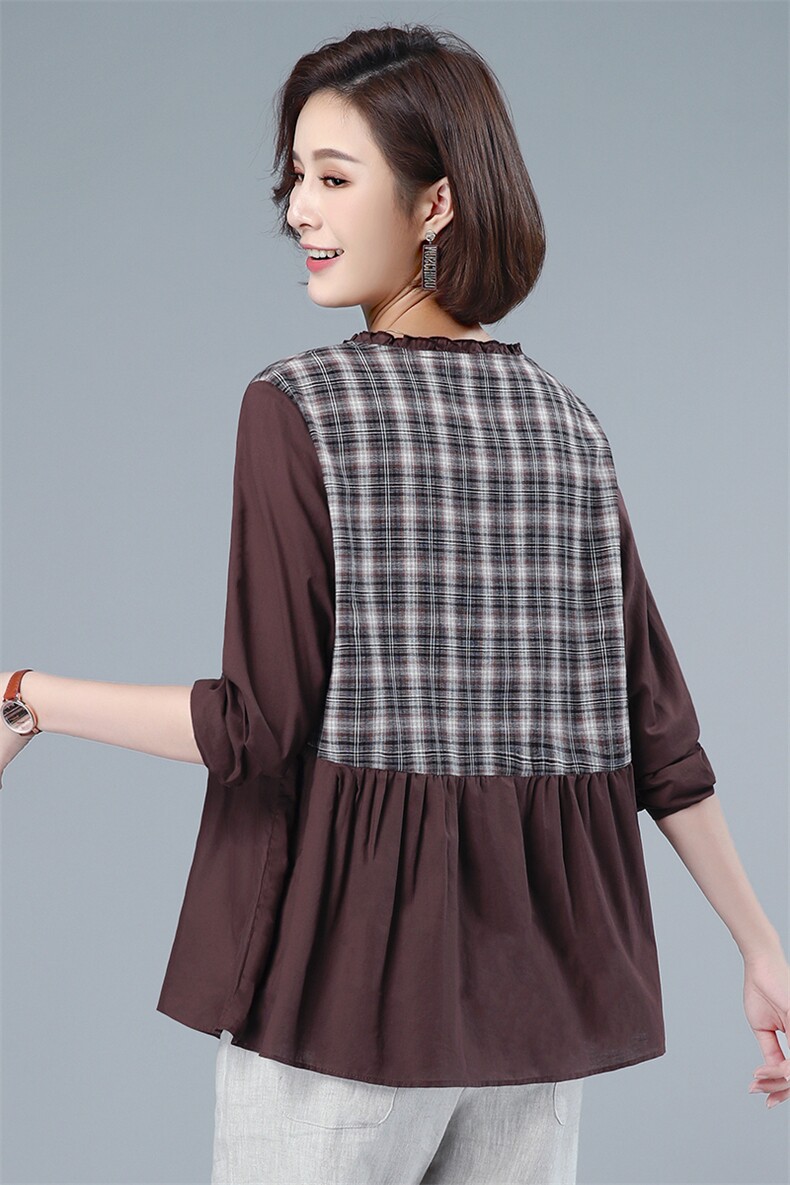 2021春秋季新款花边领格子拼接上衣,女装衬衫,梦芯尔