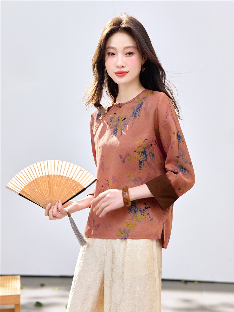 长期现货2026新中式印花上衣女夏季薄款透气中袖衬衫中年妈妈宽松,女装衬衫,璐依舞