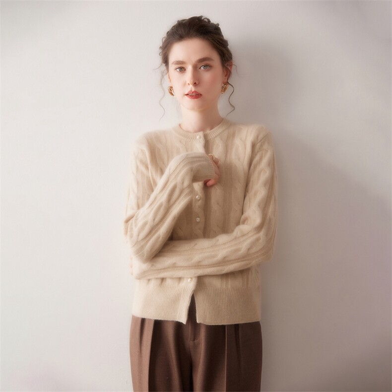 绞花珍珠扣100%山羊绒开衫女圆领毛衣保暖百搭2025秋冬新针织外套，女装针织衫/毛衣，美创羊绒