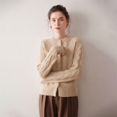 绞花珍珠扣100%山羊绒开衫女圆领毛衣保暖百搭2025秋冬新针织外套，女装针织衫/毛衣，美创羊绒