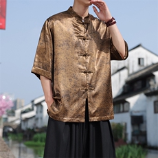 新中式大码七分袖衬衫2025夏季新款男立领大码盘扣上衣CS2461-P60，男装衬衫，电商A008