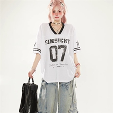 T199-P36美式街头复古V领7号球衣短袖夏季透气网眼篮球运动T恤，女装T恤，电商B323A