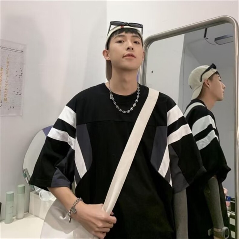 欧美高街t恤原创拼接hiphop棒球短袖男夏季重磅藏青色条纹五分袖图片