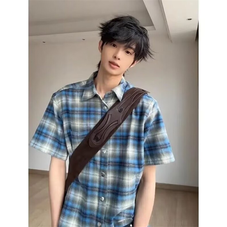 美式蓝色格子短袖衬衫男夏季新款格纹衬衣休闲风宽松翻领薄外套男,男装T恤,四季星座505