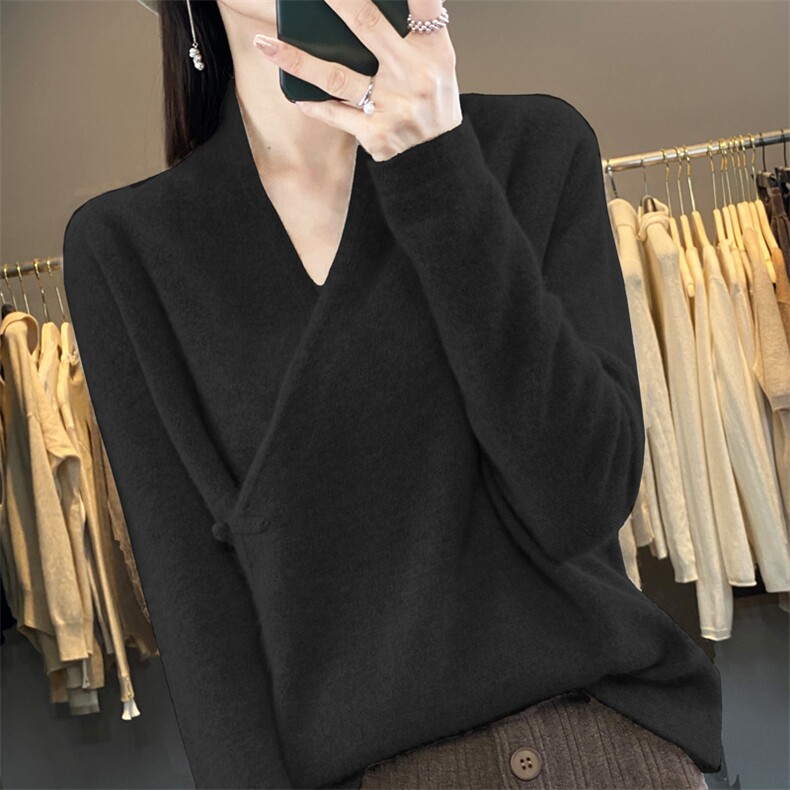 交叉领盘扣长袖纯色2024年秋季套头简约羊毛衫，女装羊毛衫，羿纯羊绒