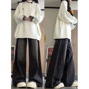 网图有货 秋冬慵懒风圆领白色针织假两件长袖毛衣男女 A1282-P50图片