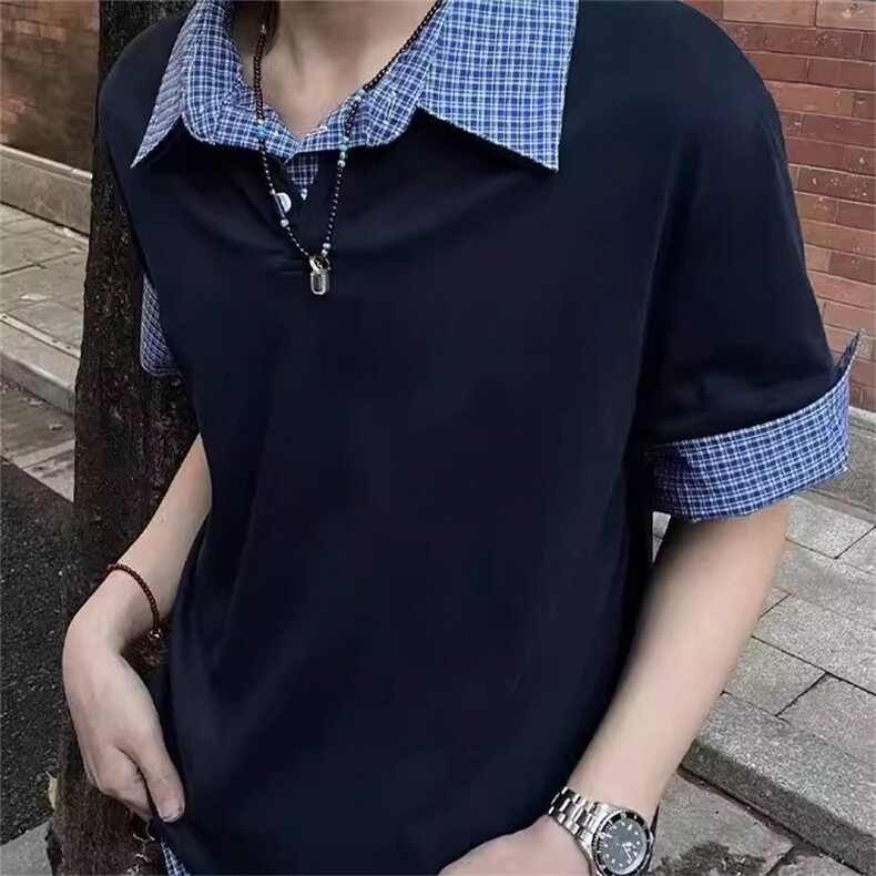 假两件拼接格纹polo领短袖衬衫男女夏季美式学院风T恤TCS262,男装T恤,星座208-5