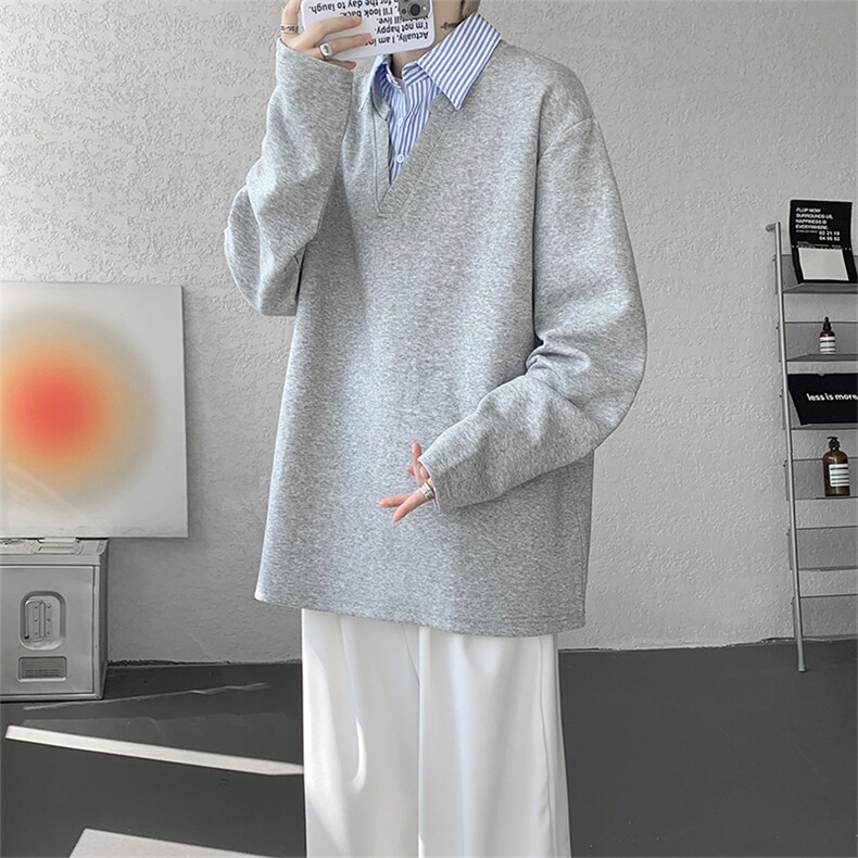 T329-特P33控68300克秋季假两件衬衫领短袖潮牌宽松拼接T恤男,男装T恤,电商A058-1（原电商C417）