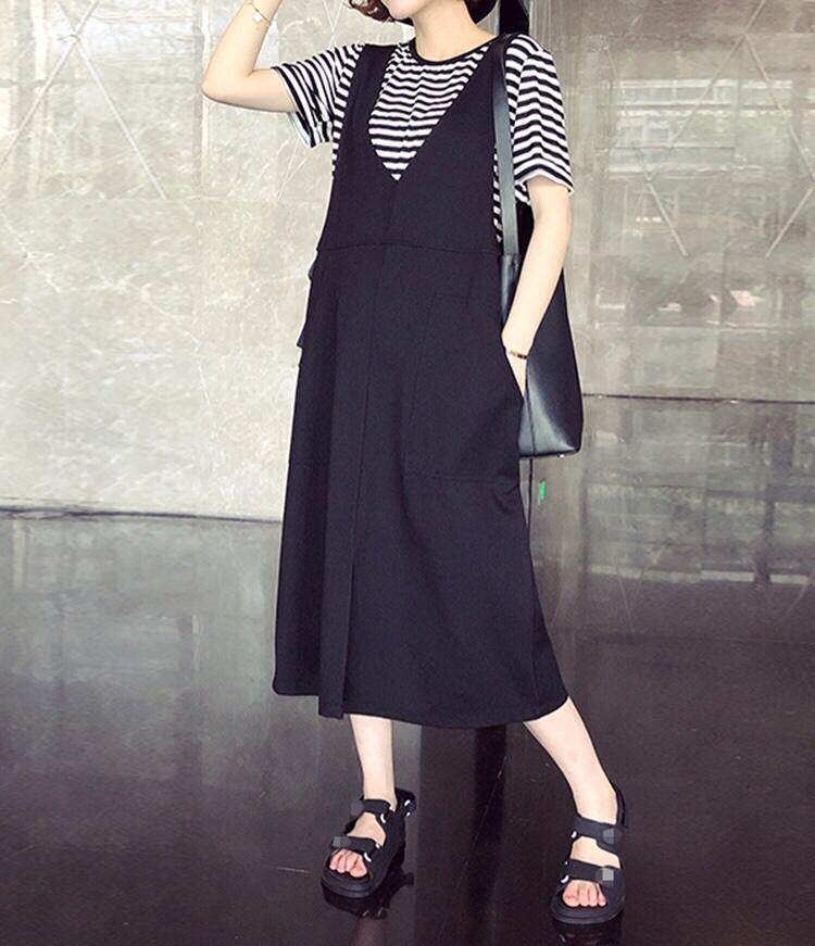 夏季新款条纹真两件套连衣裙，女装连衣裙，曼希野