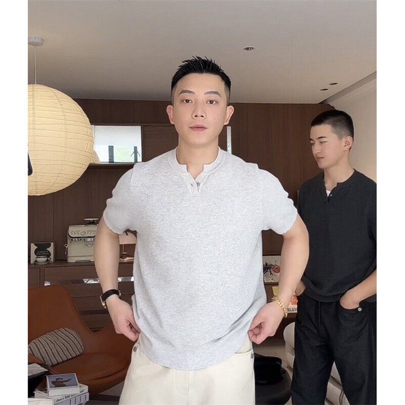 菠萝纹针法肌理感休闲简约男士亨利领体恤纯色77090/P45降，男装Polo衫，电商A243