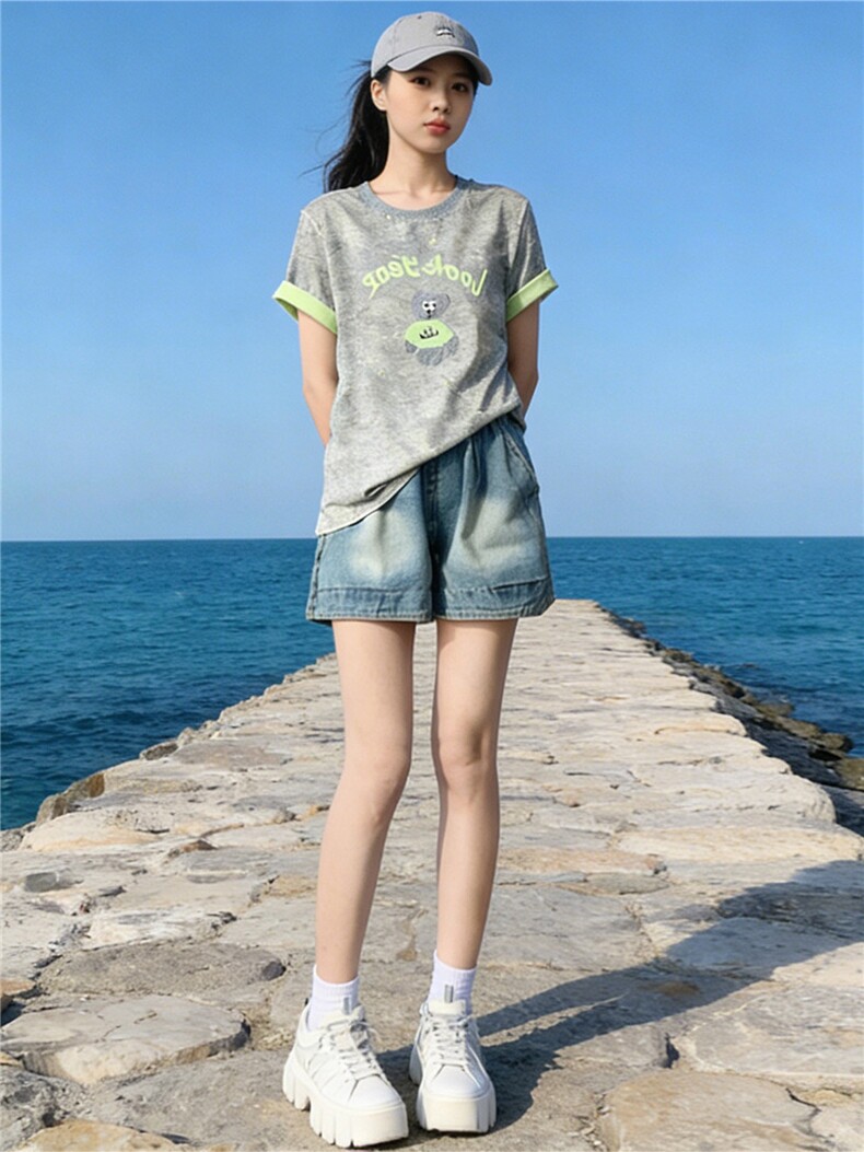 韩系休闲运动时尚套装女夏新款圆领扎染刺绣上衣牛仔短裤两件套潮,女装套装/套裙,江南