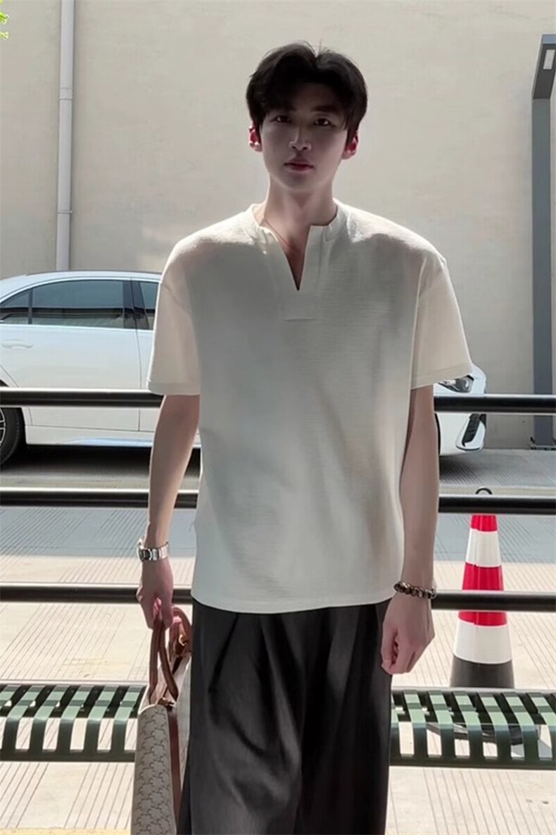 自制~高品质~亨利领短袖重磅宽松半袖上衣v领正肩t恤DX109特P25,男装T恤,星座908