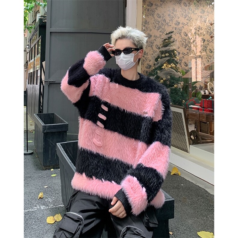 撞色条纹情侣毛衣秋冬季宽松仿貂绒针织衫男款慵懒风外套MY08/P58,男装针织衫/毛衣,星座506