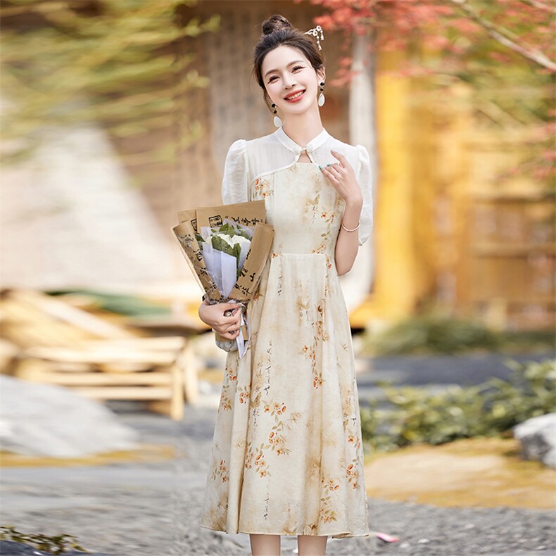 气质碎花连衣裙女2024年夏季新款文艺复古中长款水墨画假两件裙子,女装连衣裙,拾衣
