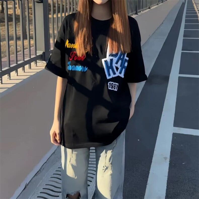 万针全刺绣工艺抖音得物高品质260克重磅纯棉双纱美式高街短袖T恤,男装T恤,电商A486-1