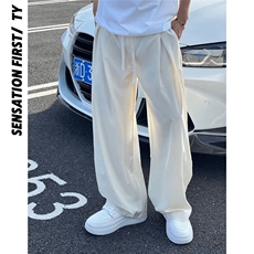 深灰色冰丝速干裤子男夏薄款慵懒风垂感弯刀裤阔腿裤休闲运动套装，男装西裤，电商A429