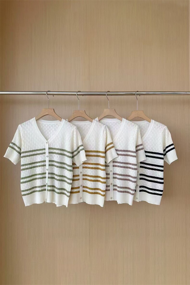 夏季新款条纹针织衫女短袖小香风上衣2025轻薄款洋气V领T恤打底衫,针织衫/毛衣,暖姿羊绒