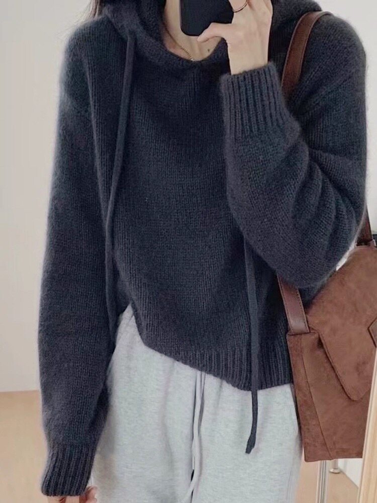 连帽毛衣女秋冬2024新款宽松慵懒风针织衫长袖上衣,女装羊毛衫,恩泰羊绒