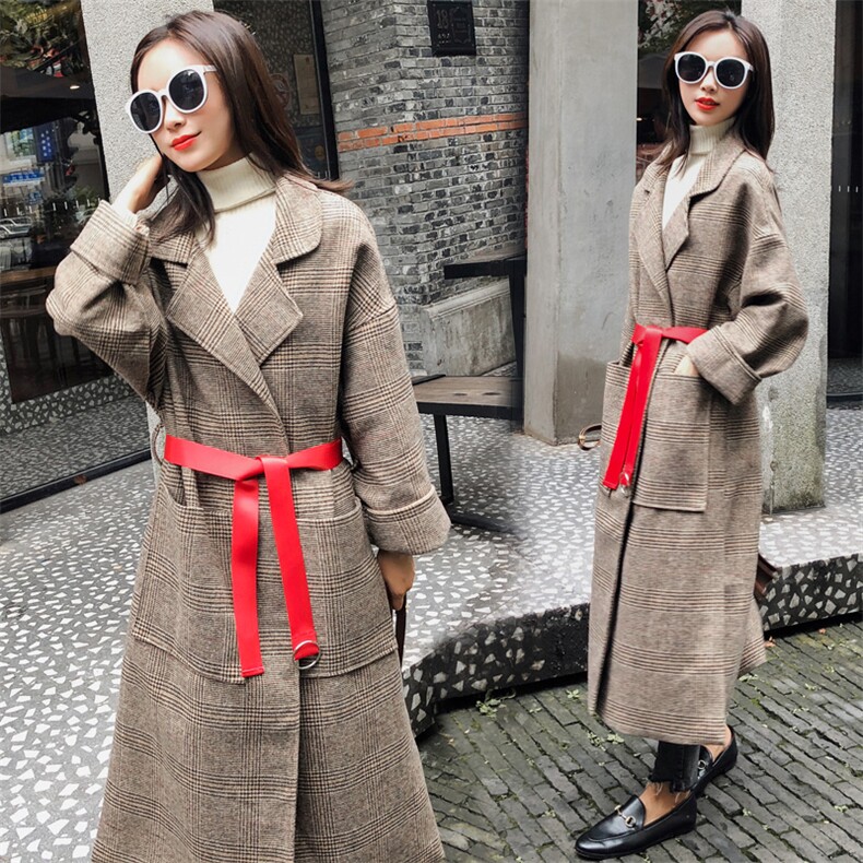 大口袋2021秋冬季新款中长款时尚简约格子毛呢外套气质呢子大衣女，女装毛呢外套，红依娜