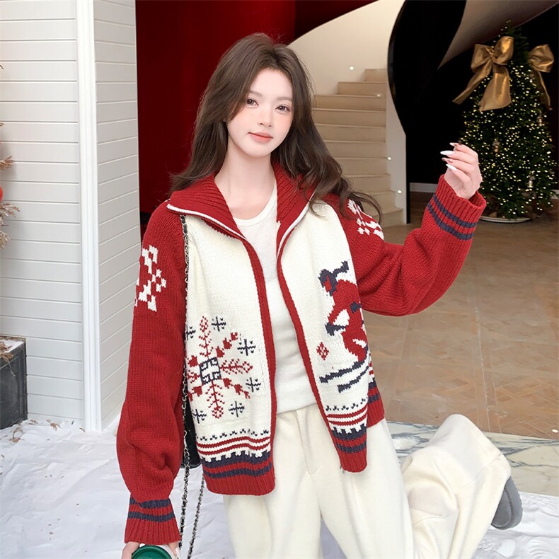 休闲减龄撞色拼接毛衣短外套女秋冬超火好看高级小众加厚针织开衫,针织衫/毛衣,2C269