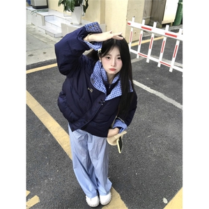 A555-P100 冬季新款潮牌设计感双层领格子拼接棉服图片