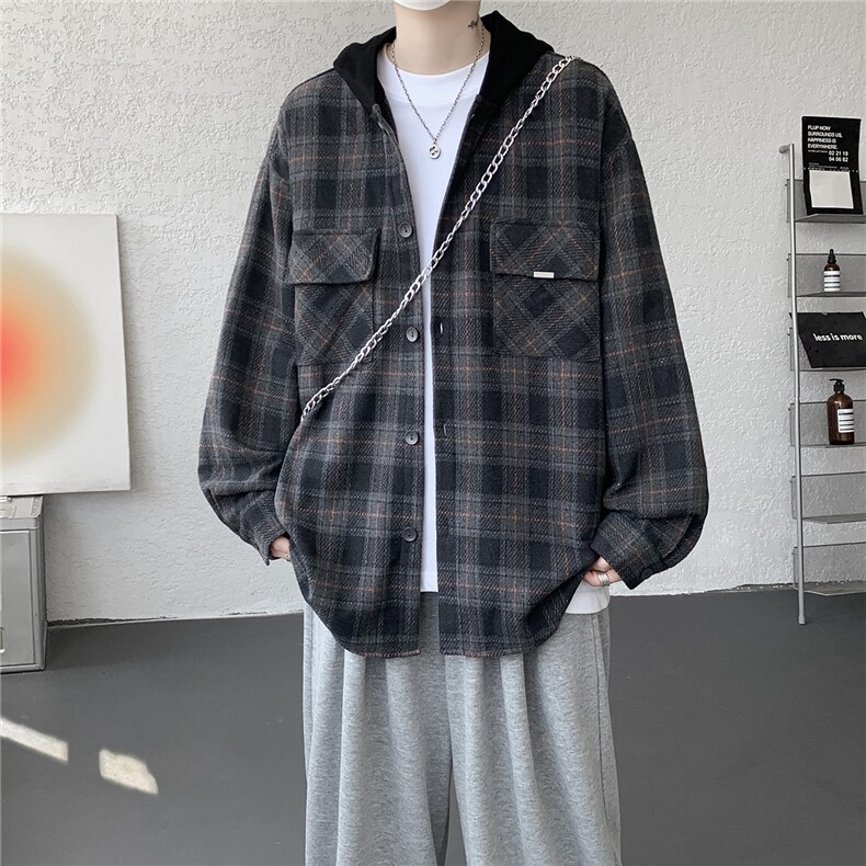 美式复古连帽格子衬衫大码磨毛长袖衬衣慵懒风宽松外套CS9007/P55,男装衬衫,电商B238