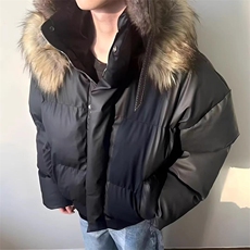 现货三防重磅硬挺boxy短款羽绒棉衣座山雕大毛毛领PU皮棉服外套冬，男装棉衣，电商A443
