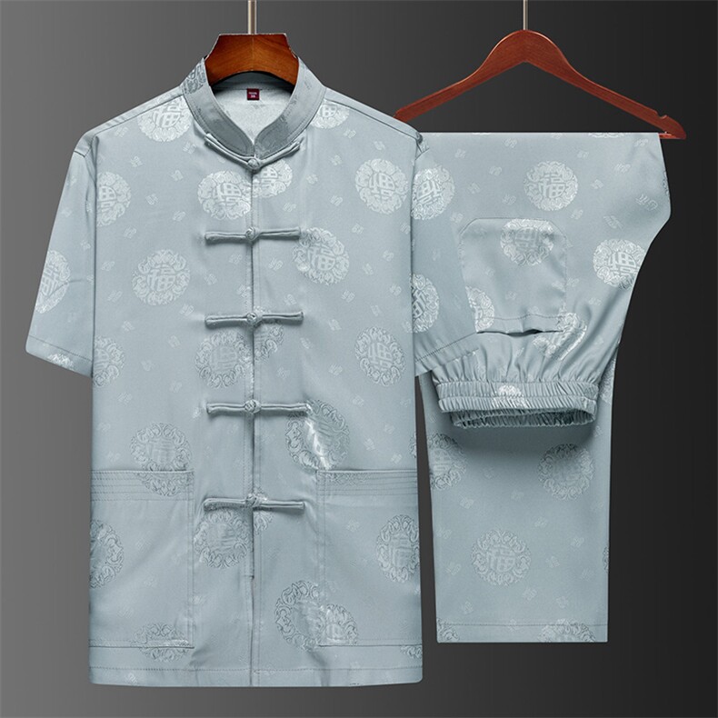 2023夏季新款唐装印花中老年男装套装宽松休闲舒适风短袖唐装，男装民族服装，电商B212（原钱塘6029）