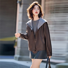 设计感针织披肩领拼接皮衣外套女2025秋季新款超好看pu皮夹克上衣，女装皮衣，臻衣坊