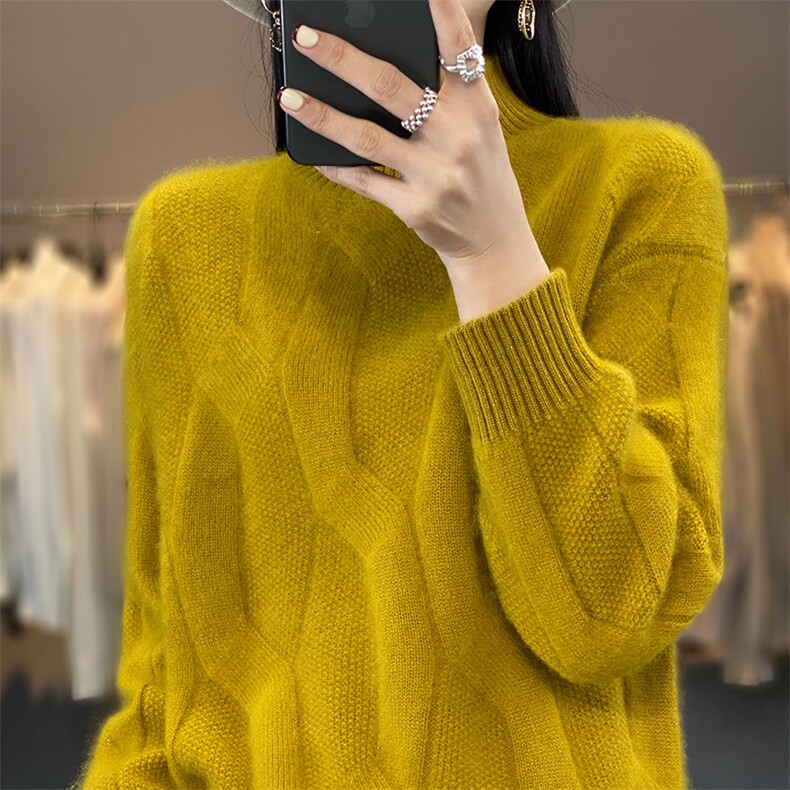 中长款半高领100%羊毛衫女扭花针织毛衣连衣裙宽松羊绒衫过膝长裙,女装羊毛衫,吉高羊绒