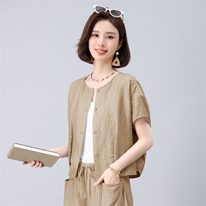 时尚亚麻混纺阔腿裤女夏季2025新款开衫上衣减龄松弛感图片