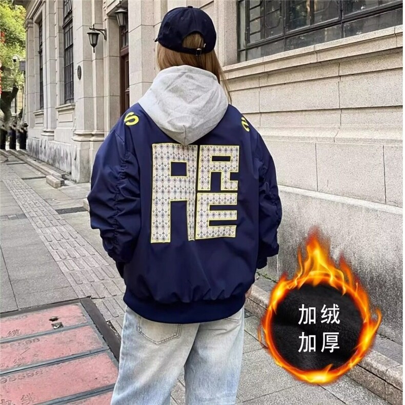 藏青色刺绣夹棉夹克外套男女潮牌美式情侣棉衣  网图 MF018-P63图片