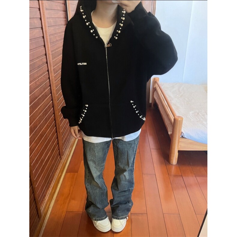 钉珠连帽开衫卫衣外套女2025新款秋冬美式高街复古宽松小众设计感,女装短外套,星座506A