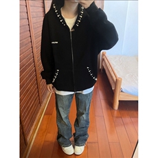 钉珠连帽开衫卫衣外套女2025新款秋冬美式高街复古宽松小众设计感，女装短外套，星座506A