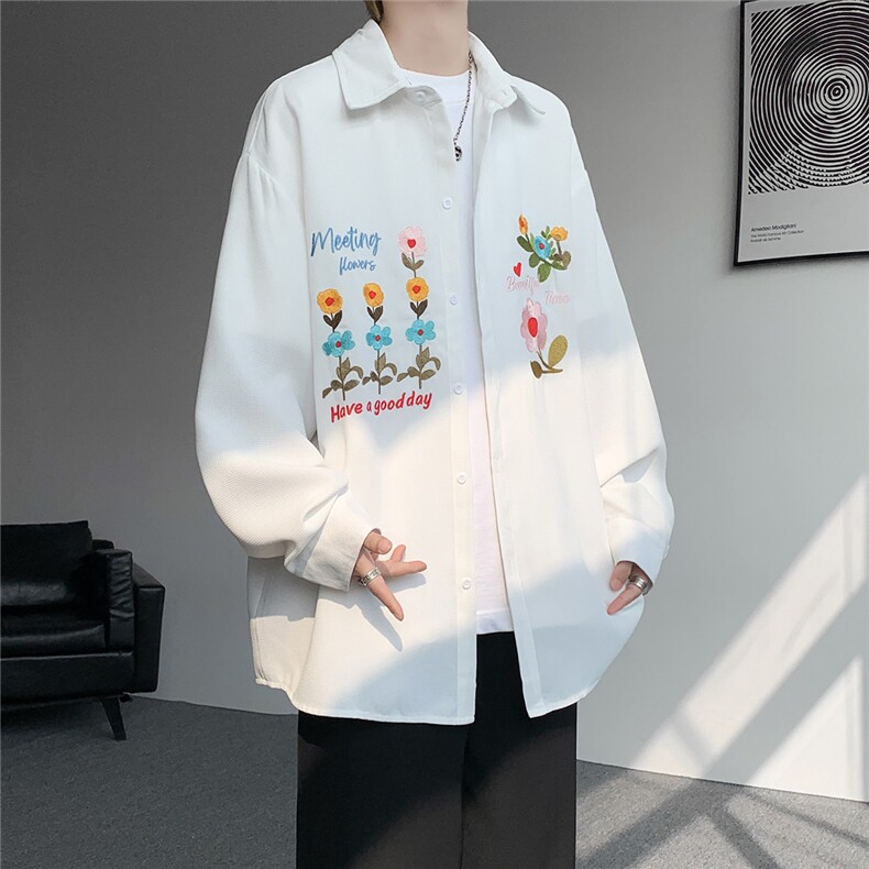 美式复古花卉刺绣华夫格衬衫男女秋季高级感长袖衬衣休闲情侣外套,男装衬衫,电商D232