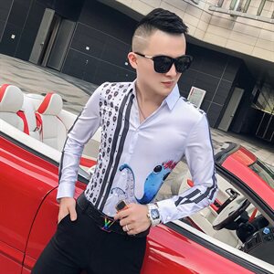 2021春秋衬衫社会男长袖上衣印花男装韩版修身四季潮流衬衣Q631-P55图片