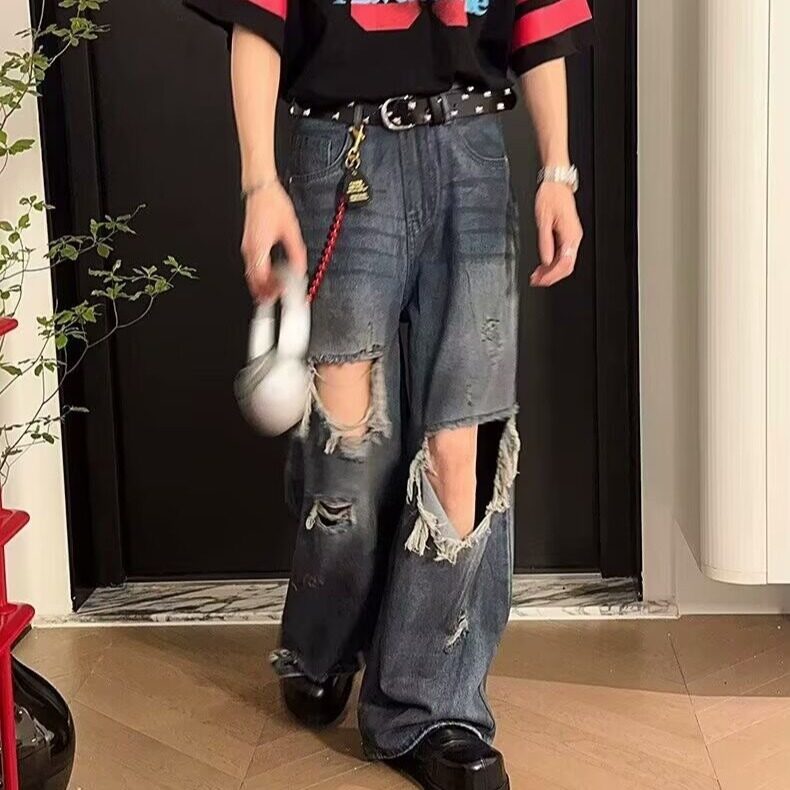 网图现货补丁破洞牛仔裤痞帅迷彩裤微喇宽松阔腿裤R3016-P55,男装牛仔裤,星座1005-4