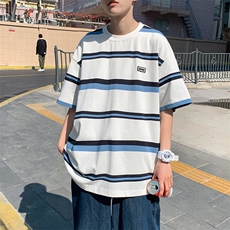 男女休闲潮牌短袖纯棉夏装新款撞色条纹T恤情侣装T040-P22，男装T恤，星座512-2
