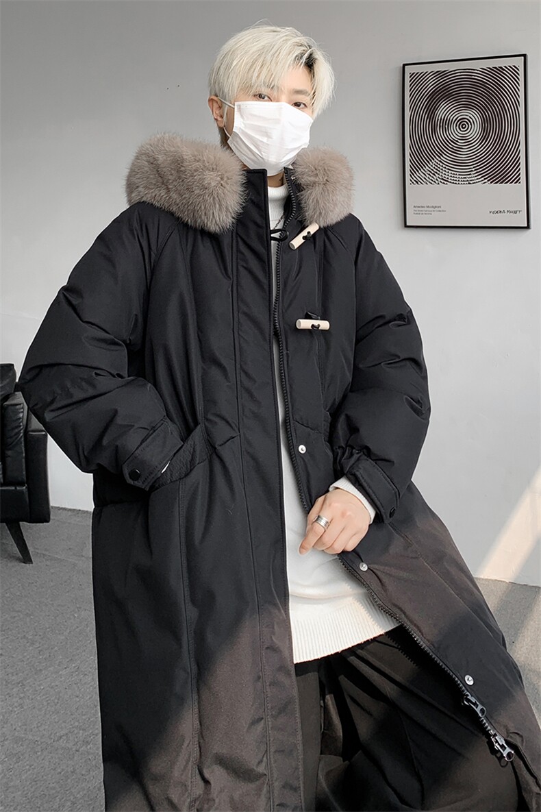8XL-M90白鸭绒大毛领羽绒服男中长款过膝设计感牛角扣YRFC05P398,男装羽绒服,电商D206-1