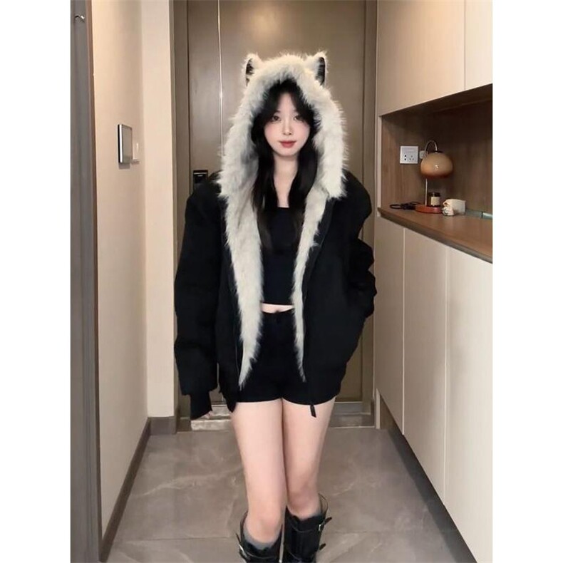 现货重磅硬挺boxy羽绒棉衣座山雕猫耳大毛毛领麂皮棉服冬外套,男装棉衣,电商A486