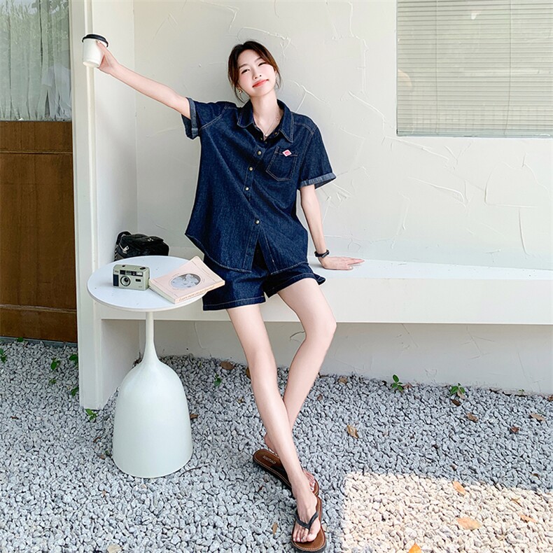 薄款牛仔衬衫短裤两件套装女夏显瘦遮肉美式小个子显高流行炸街,女装套装/套裙,2C262