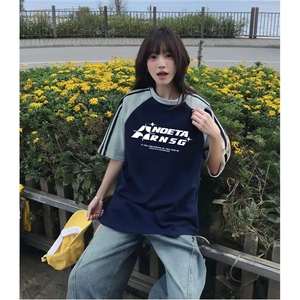 抖音得物品质二开240克宽松纯棉美式潮牌插肩三杠织带短袖T恤图片