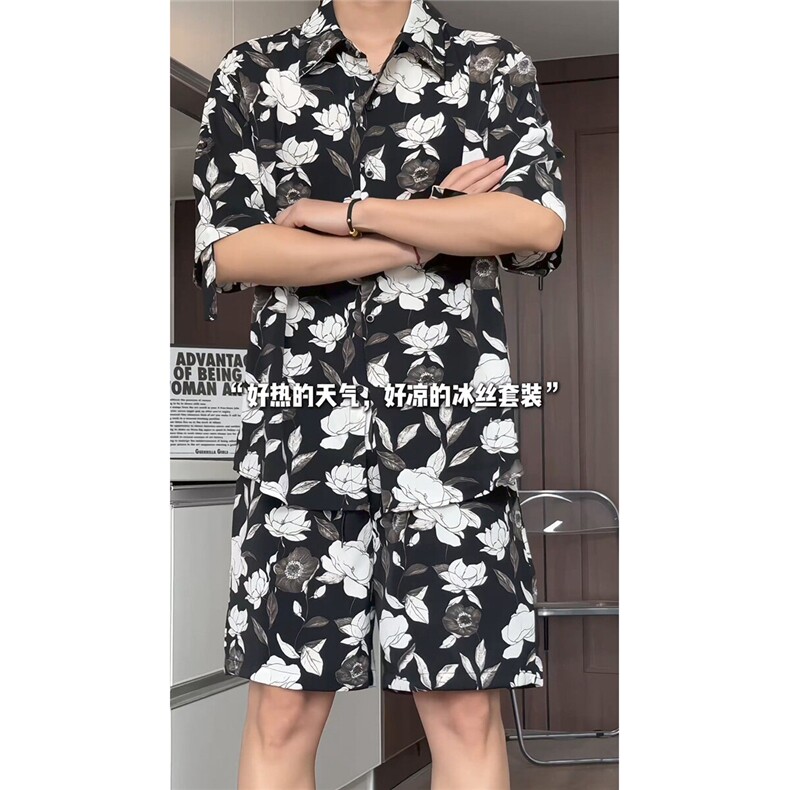 短袖衬衫男+短裤男套装男100%聚酯纤维M-5XL大码TZ78709P50控98，男装休闲套装，星座226-1