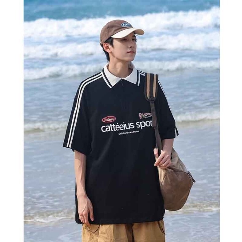 美式复古重磅polo衫翻领短袖T恤男女同款小众设计感学院风情侣t恤,男装T恤,星座1210-1