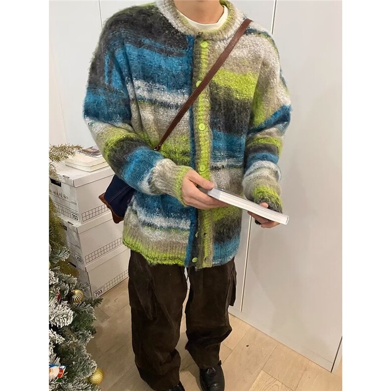 788-P60美式复古彩色条纹撞色开衫毛衣男女慵懒圆领宽松休闲,男装针织衫/毛衣,电商B323A