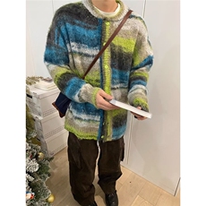 788-P60美式复古彩色条纹撞色开衫毛衣男女慵懒圆领宽松休闲，男装针织衫/毛衣，电商B323A