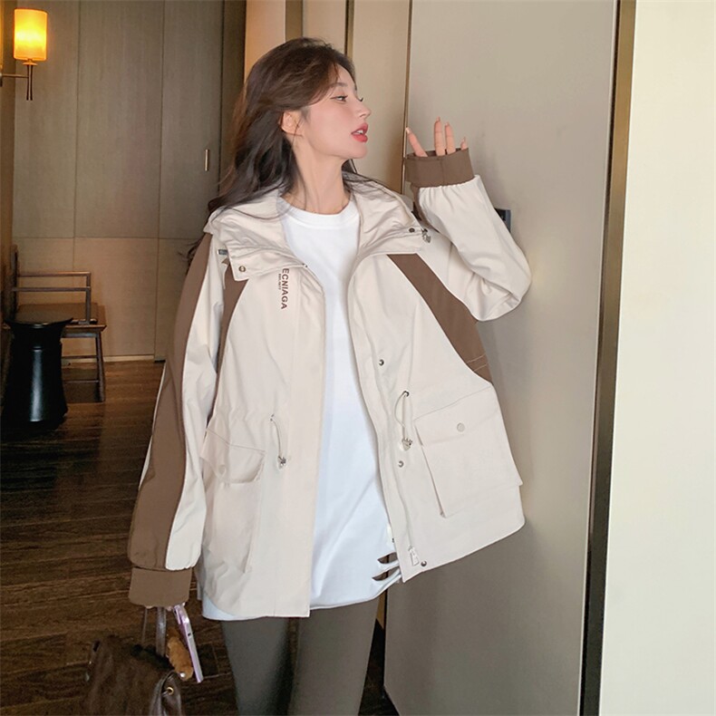 《现货新品》抽绳时尚工装拼接连帽冲锋衣短外套,女装短外套,唛多